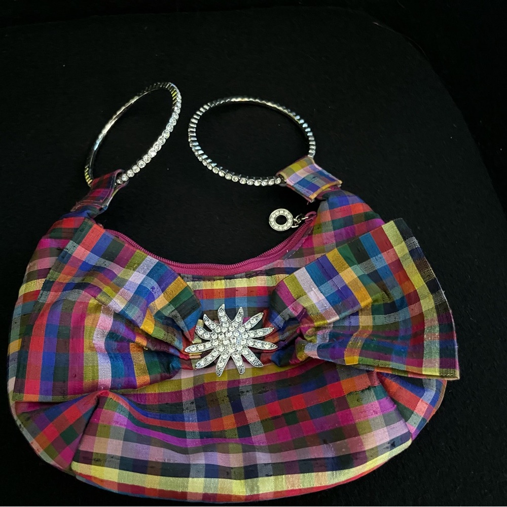Perfect SPRING PURSE! Multi color evening bag with crystal handles!